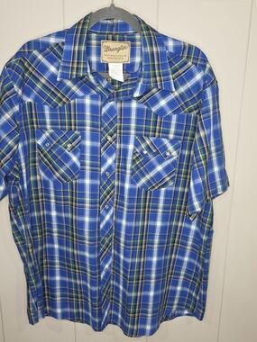 Wrangler Men's Blue Plaid Short-Sleeve Western Shirt Metallic Threads Size Xl